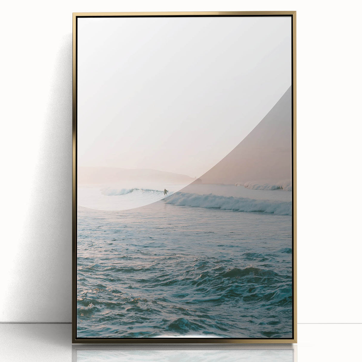 Large art print of a mid-century modernist summer scene in vibrant gold tones on acrylic, ideal for nursery wall decor.