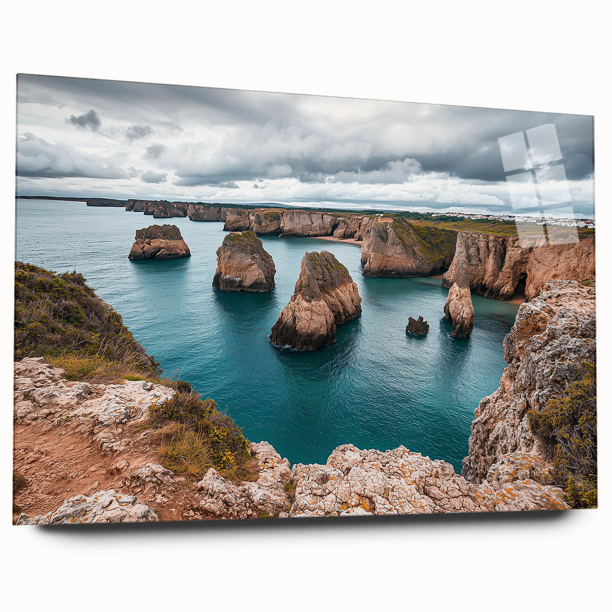 Acrylic glass artwork showcasing a stunning side view of rugged cliffs in a vibrant landscape, ideal for modern home decor, emphasizing natural beauty and tranquility.