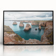 Framed acrylic artwork of dramatic cliffs in a landscape scene, showcasing rich colors and intricate details, perfect for enhancing modern home decor.