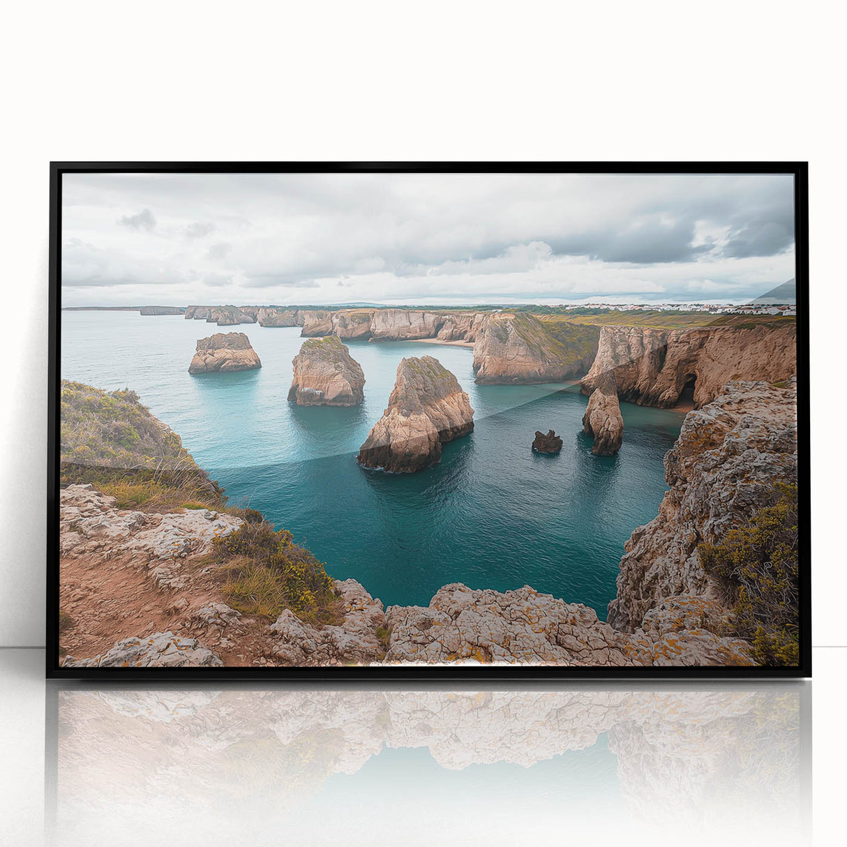 Framed acrylic artwork of dramatic cliffs in a landscape scene, showcasing rich colors and intricate details, perfect for enhancing modern home decor.