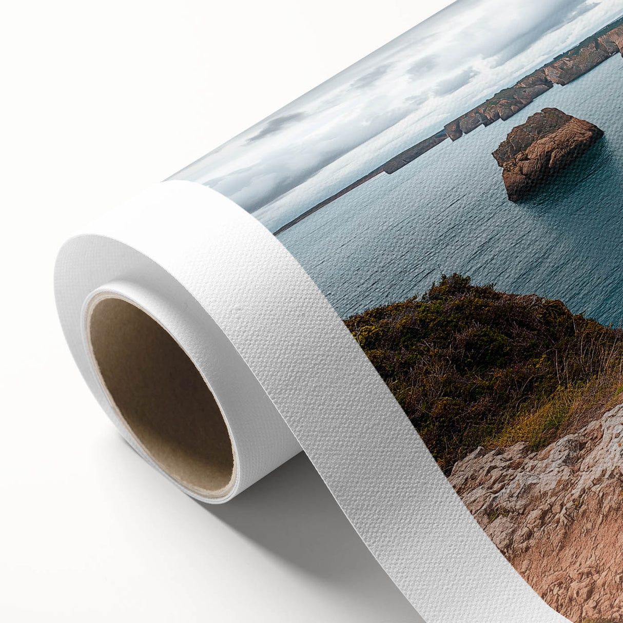 Stunning rolled canvas print of a dramatic landscape featuring rugged cliffs and a vibrant sky, ideal for enhancing home decor with nature's beauty.