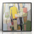 Abstract figurative framed acrylic artwork with a black frame, showcasing vibrant colors and dynamic shapes, perfect for modern home decor.