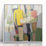 Abstract figurative framed acrylic artwork in a sleek white frame, showcasing vibrant colors and dynamic shapes, ideal for modern home decor and creative spaces.