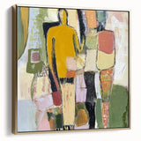 Framed abstract figurative canvas artwork in silver and gold tones, showcasing a modern design that adds elegance to any decor, perfect for contemporary spaces.