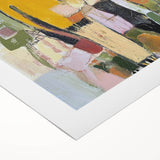 Abstract figurative rolled canvas artwork showcasing vibrant colors and dynamic shapes, packaged securely in a sturdy cardboard tube for safe delivery.