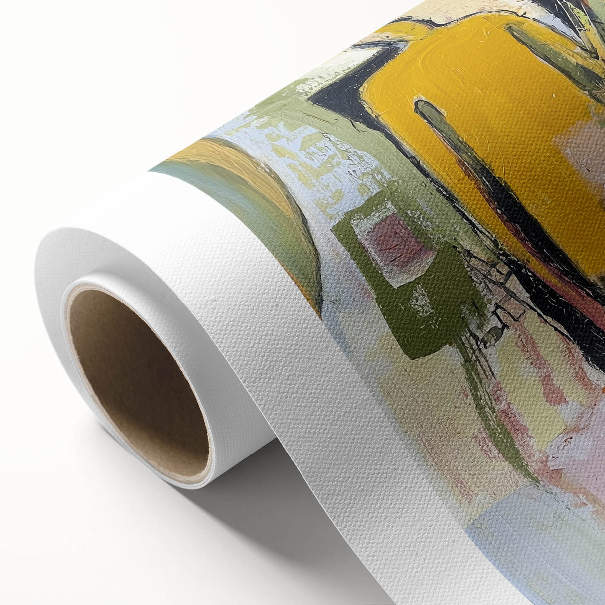 Abstract figurative rolled canvas artwork showcasing vibrant colors and dynamic shapes, elegantly packaged in a protective cardboard tube for safe delivery.