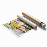 Abstract figurative wall art print showcasing vibrant colors and dynamic shapes, rolled and secured in a protective cardboard tube for easy storage and display.