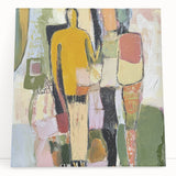 Abstract figurative stretched canvas artwork featuring vibrant colors and fluid shapes, leaning against a wall, ideal for modern home decor and artistic expression.