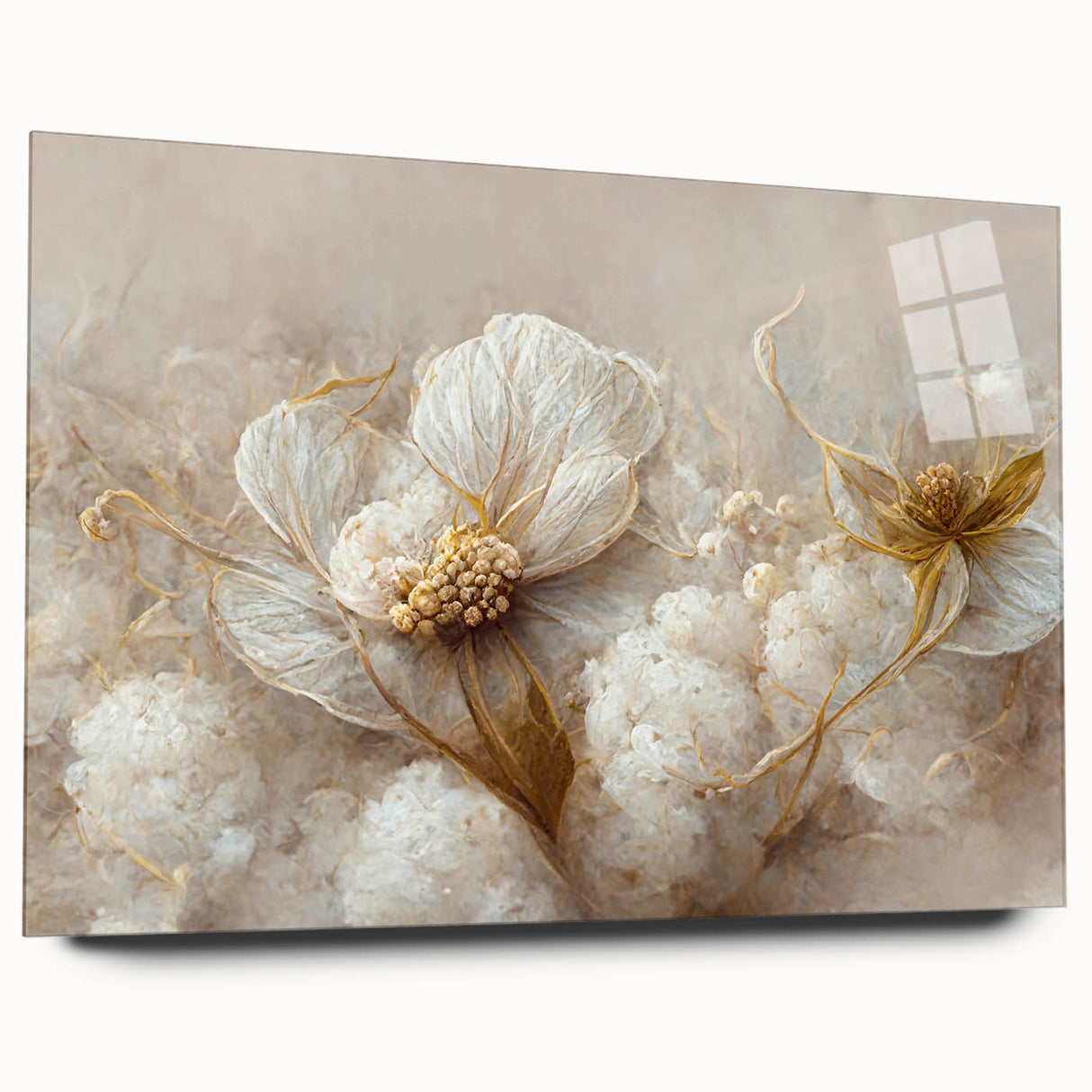 Abstract floral wall art displayed in a sleek acrylic glass frame, showcasing vibrant colors and intricate designs, perfect for modern home decor.