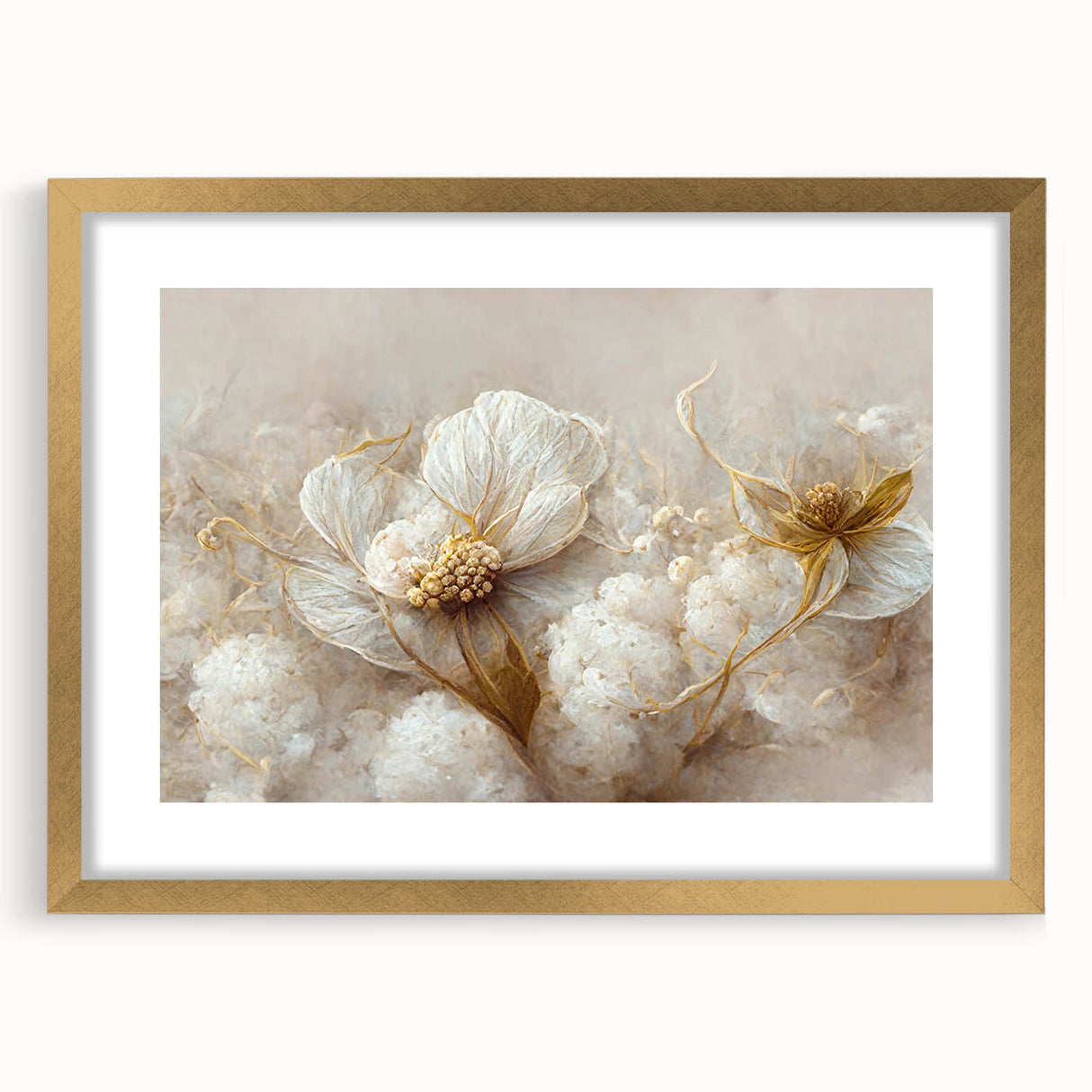 Abstract floral wall art featuring vibrant colors including pink, blue, and gold, elegantly framed with a mat, adding a touch of sophistication to any decor.
