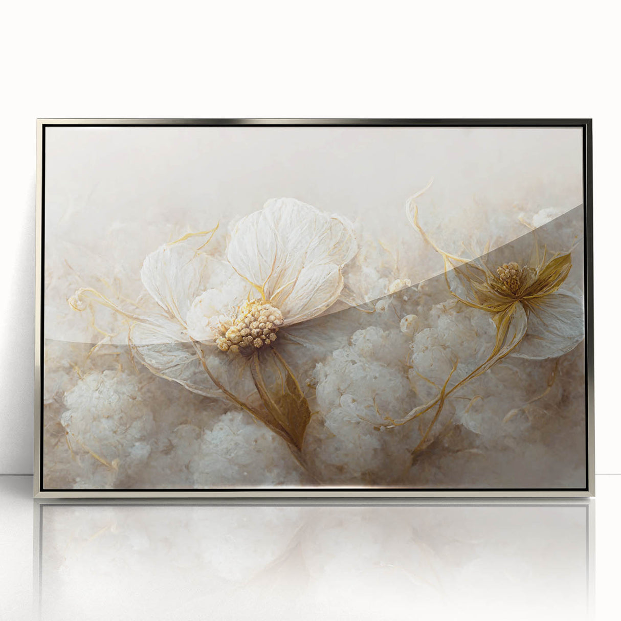 Framed abstract floral wall art showcasing vibrant blue and silver colors, displayed in an elegant acrylic frame, ideal for modern home decor accents.