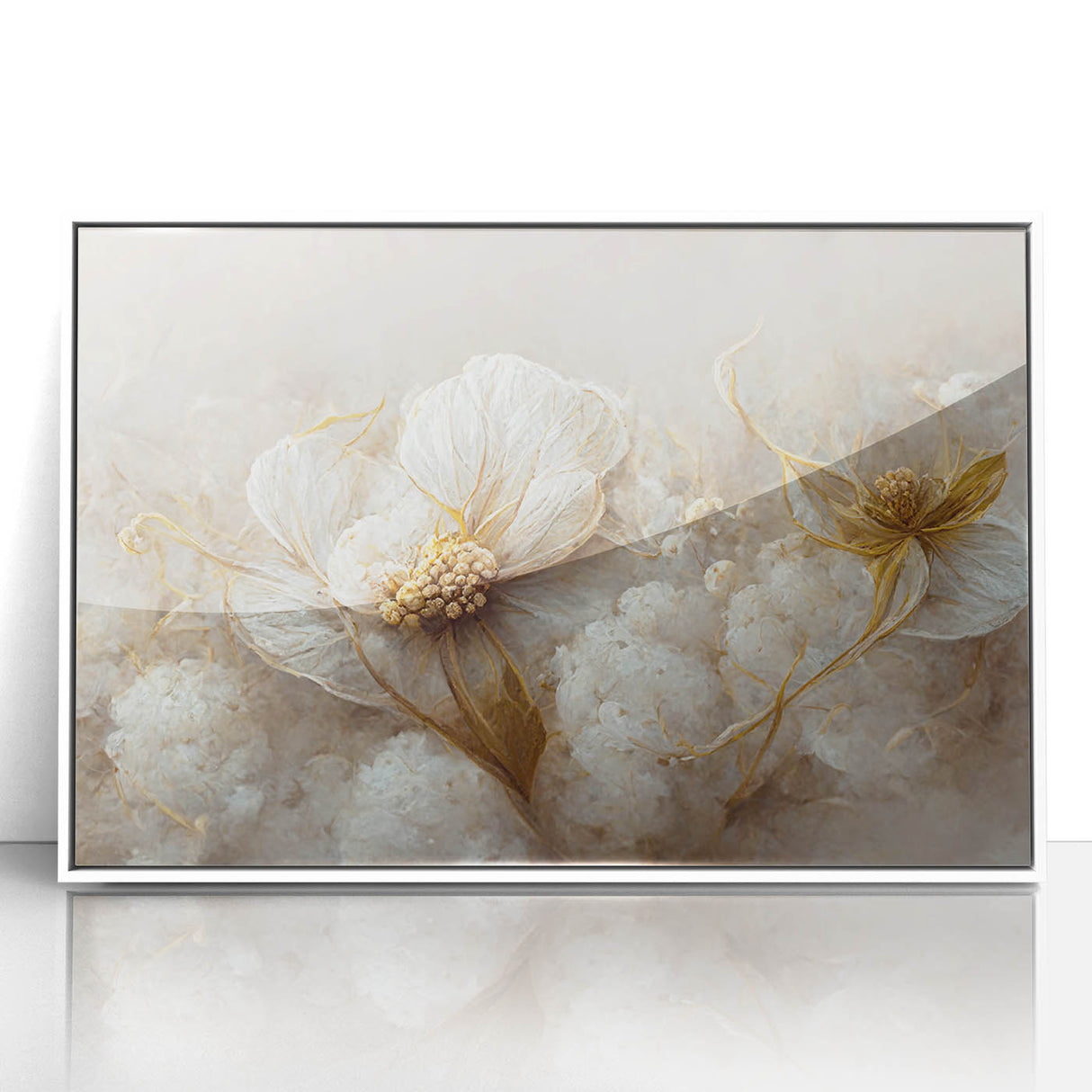 Framed abstract floral wall art featuring vibrant colors and intricate designs, set against a sleek white background, perfect for modern home decor.