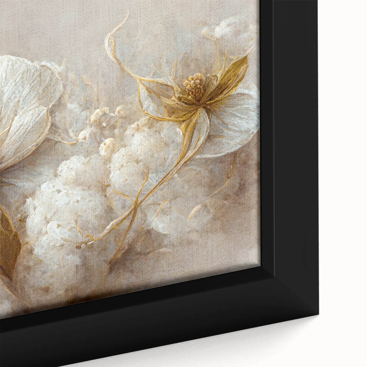 Close-up of a framed canvas featuring vibrant abstract floral wall art in hues of pink, green, and gold, showcasing intricate brushstrokes and textures. Perfect for modern home decor.