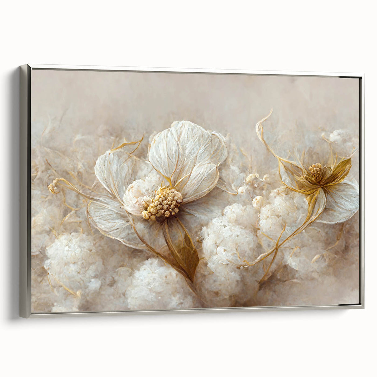 Framed canvas wall art featuring abstract floral designs in vibrant colors, displayed from a silver side view, perfect for modern home decor.
