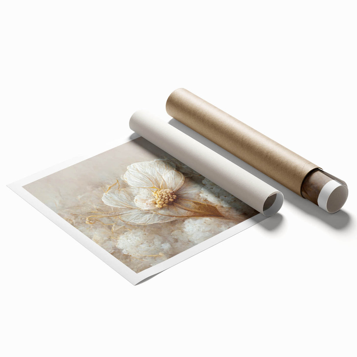 Abstract floral wall art print showcasing vibrant colors and intricate patterns, rolled up for easy shipping in a protective cardboard tube, perfect for home decor.