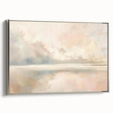 Framed abstract landscape wall art featuring soothing blue and silver tones, showcasing a modern design with a sleek silver frame, perfect for contemporary decor.