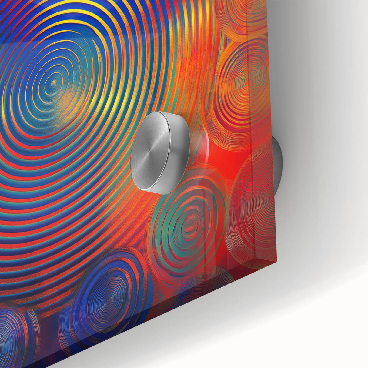 Modern Abstract Wall Art – Red, Blue & Gold Radiating Circle Design