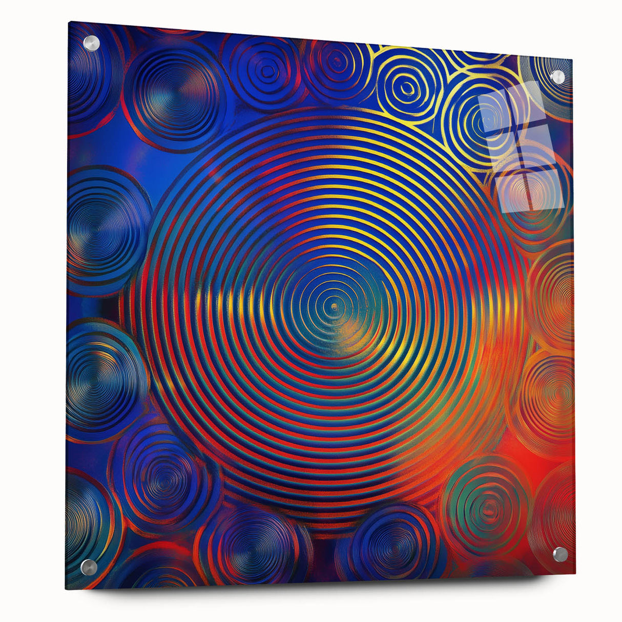 Modern Abstract Wall Art – Red, Blue & Gold Radiating Circle Design