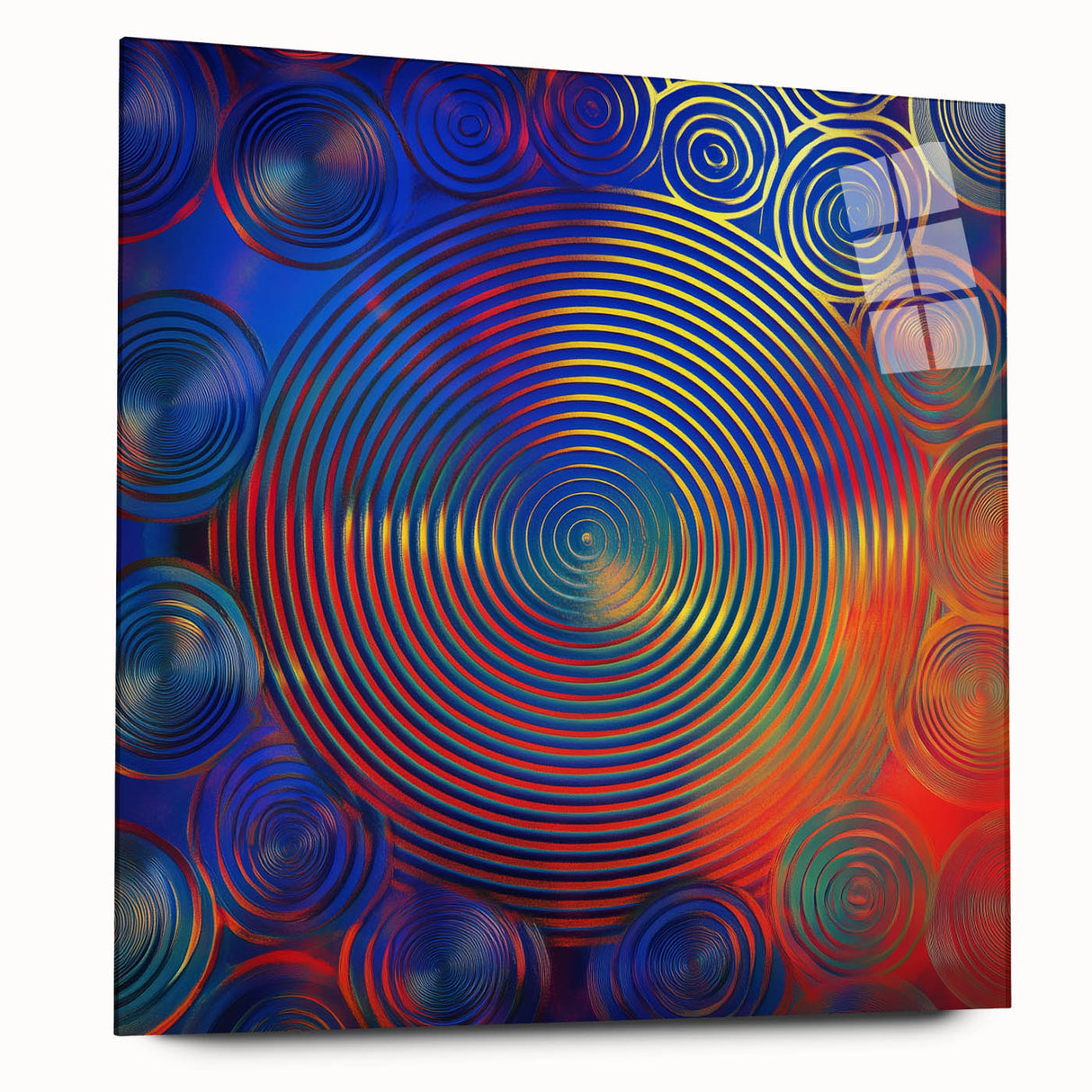 Modern Abstract Wall Art – Red, Blue & Gold Radiating Circle Design