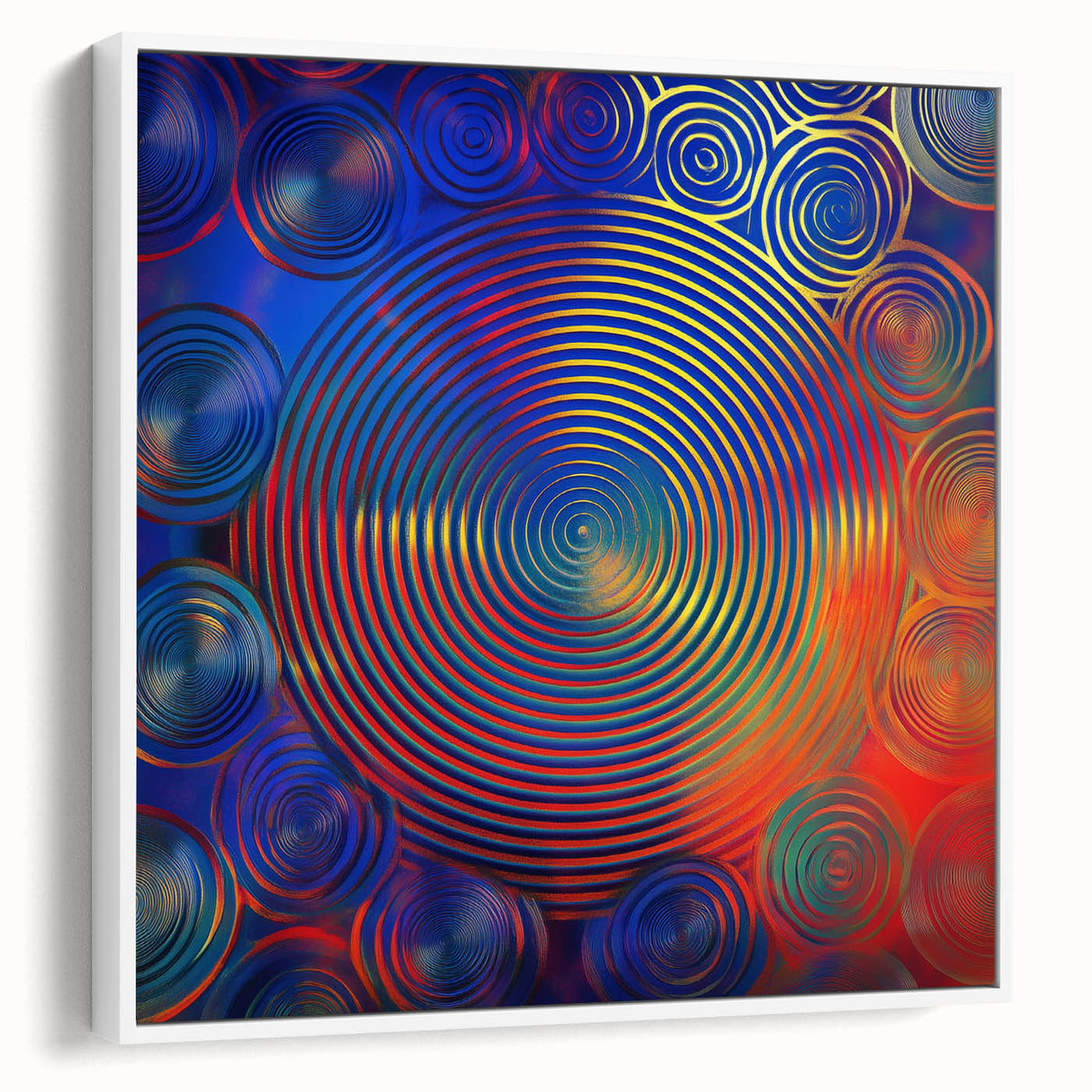 Modern Abstract Wall Art – Red, Blue & Gold Radiating Circle Design