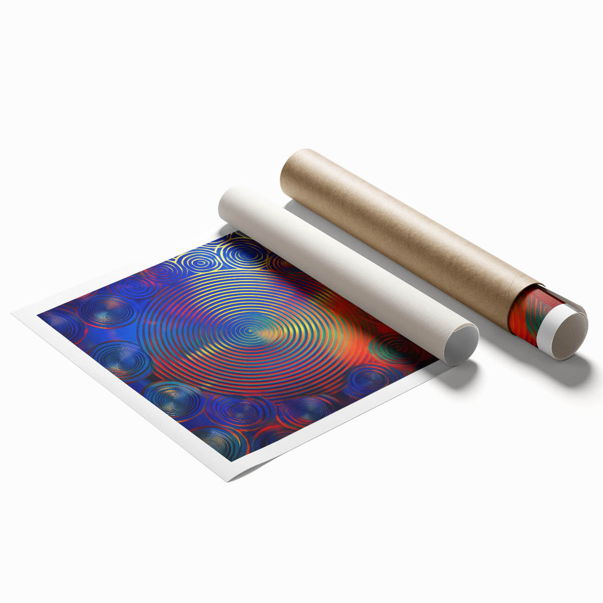 Modern Abstract Wall Art – Red, Blue & Gold Radiating Circle Design