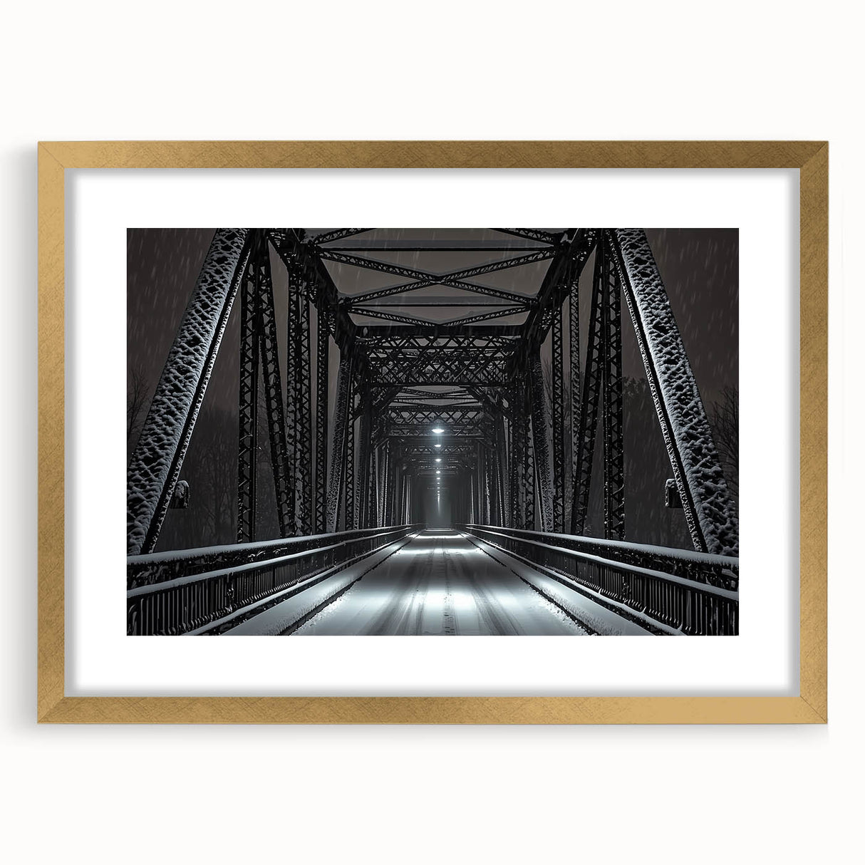 Gold landscape bridge frame with a mat, showcasing a front view of elegant design, perfect for enhancing home decor and art displays in modern interiors.