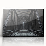 Framed acrylic artwork depicting a landscape bridge in black, showcasing intricate details and vibrant colors, ideal for modern home decor.