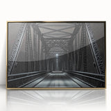 Framed acrylic artwork of a golden landscape bridge, showcasing intricate details and vibrant colors, perfect for enhancing modern home decor.