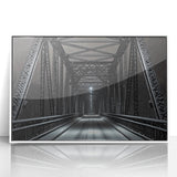 Framed acrylic landscape artwork depicting a serene bridge scene, featuring lush greenery and a tranquil waterway, designed to enhance modern home decor.