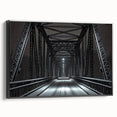 Framed canvas artwork depicting a serene landscape with a bridge in black tones, showcasing intricate details and textures, ideal for modern decor.