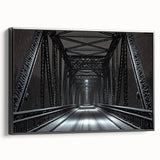 Framed canvas artwork depicting a serene landscape with a bridge in black tones, showcasing intricate details and textures, ideal for modern decor.