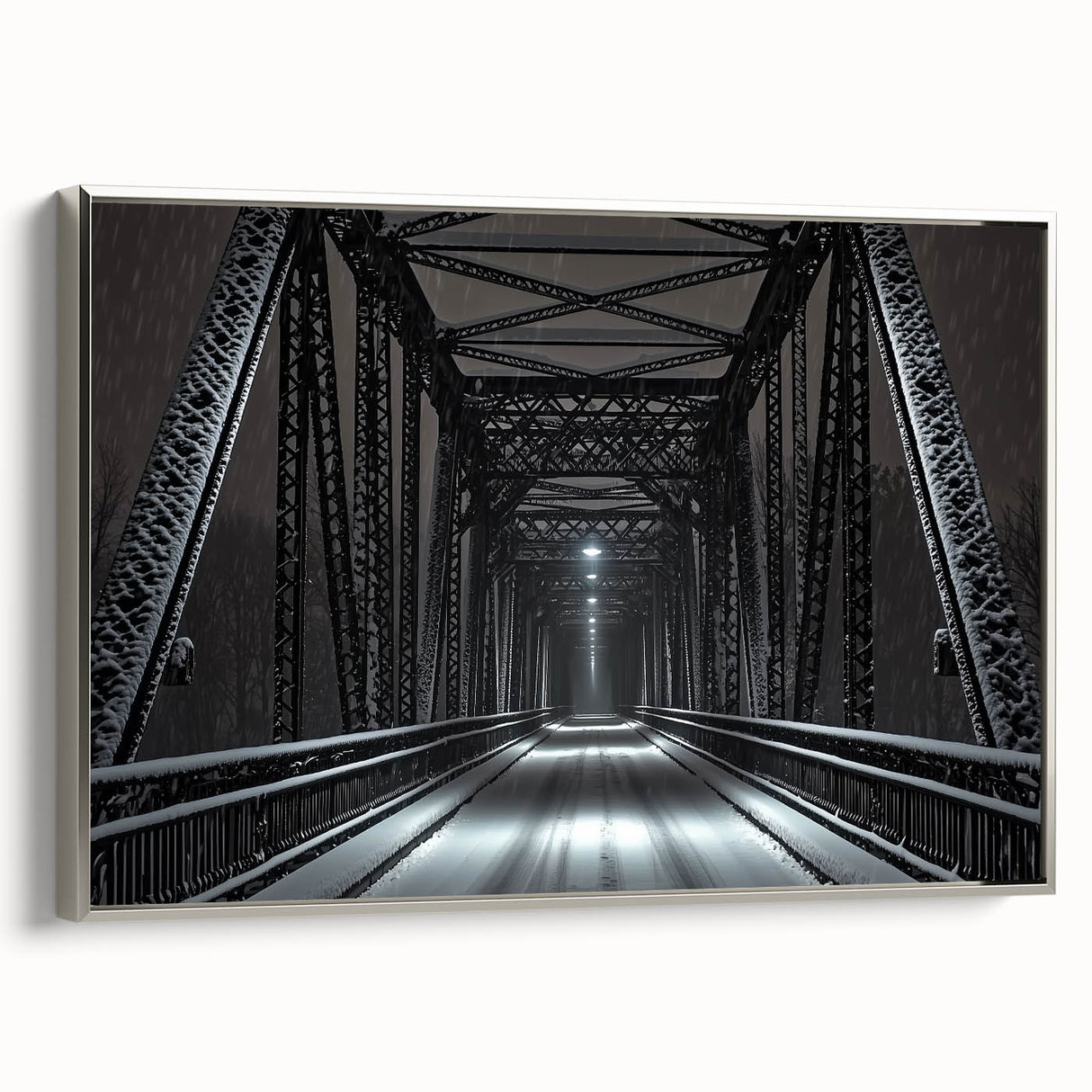 Framed canvas artwork showcasing a landscape bridge in a serene setting, featuring a silver frame that enhances the visual appeal, ideal for home decor.