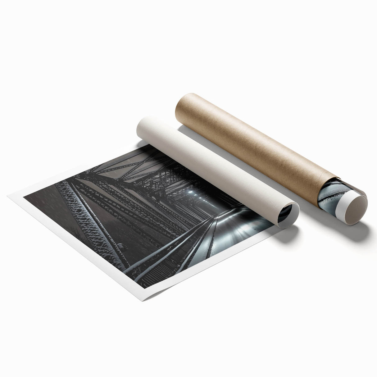 Landscape bridge artwork printed on rolled canvas, featuring vibrant colors and intricate details, securely packaged in a protective cardboard tube for easy transportation.