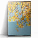 Mid-century modernist art depicting autumn trees in orange and brown tones on a silver-framed acrylic print.