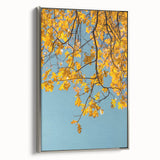 Landscape art painting of autumn trees on framed canvas, featuring orange and red hues, ideal for living room decor.