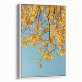 Vintage poster art of an autumn scene in muted orange and brown tones, framed canvas, ideal for living room decor.