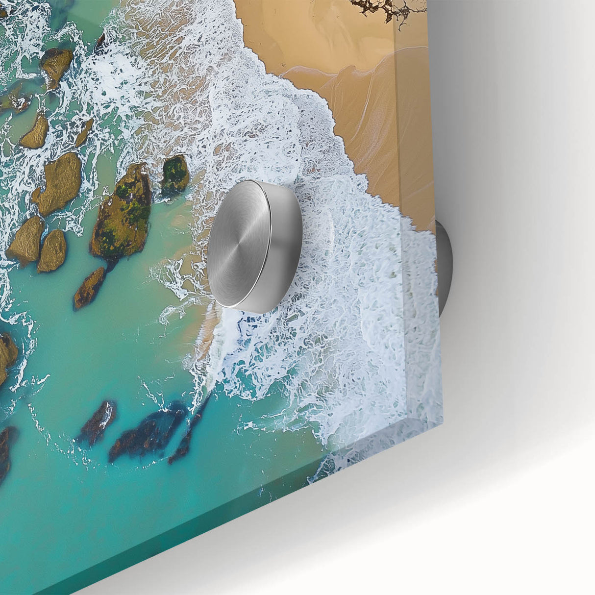 Close-up of an acrylic glass artwork depicting dramatic cliffs and vibrant landscapes, showcasing rich colors and intricate details, ideal for modern decor.