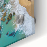 Close-up of an acrylic glass artwork depicting dramatic cliffs and vibrant landscapes, showcasing rich colors and intricate details, ideal for modern decor.