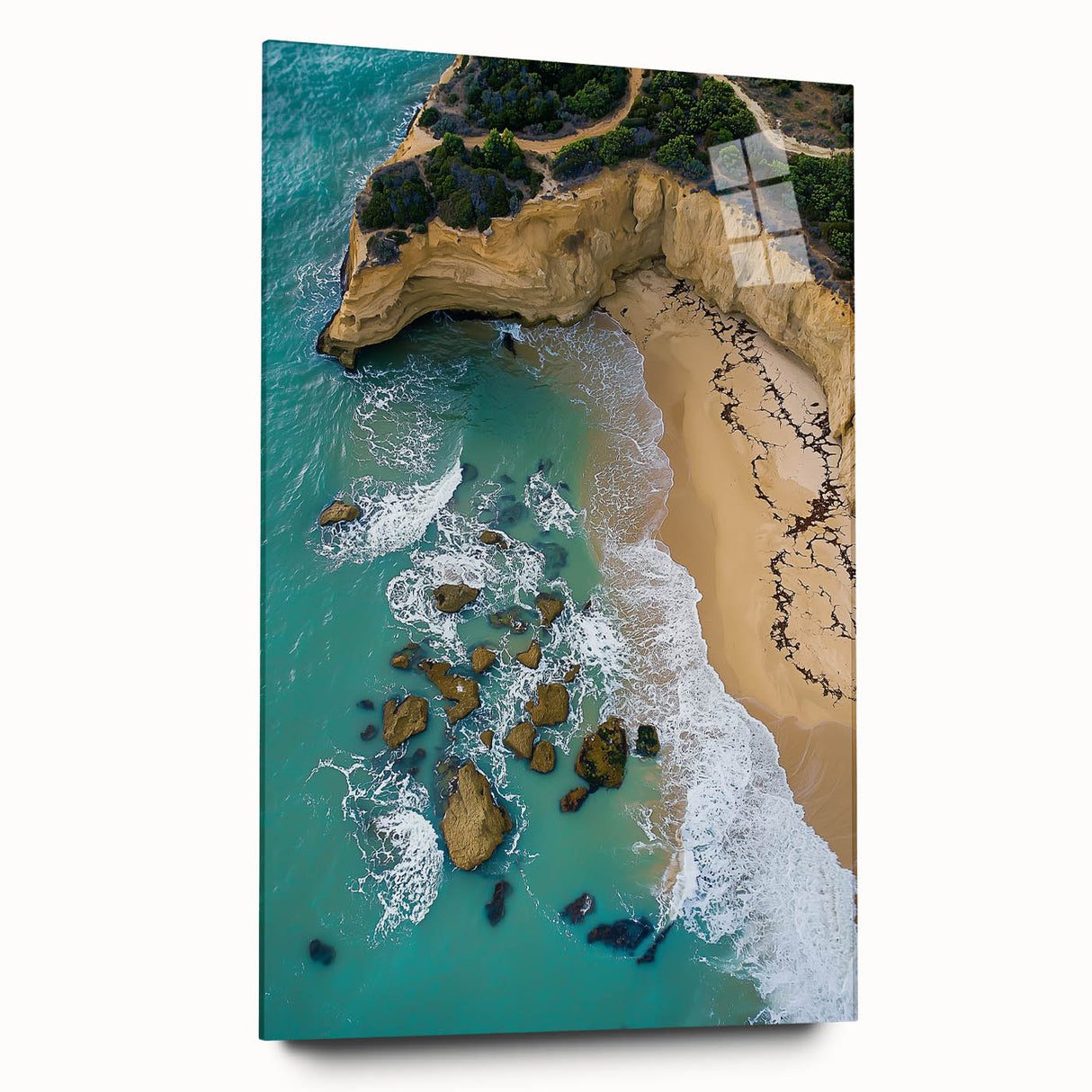 Acrylic glass artwork showcasing a stunning landscape of majestic cliffs, emphasizing vibrant colors and intricate details in a side view, perfect for modern decor.