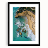 Framed landscape artwork showcasing dramatic cliffs against a serene sky, featuring a sleek black mat and frame, perfect for modern home decor.