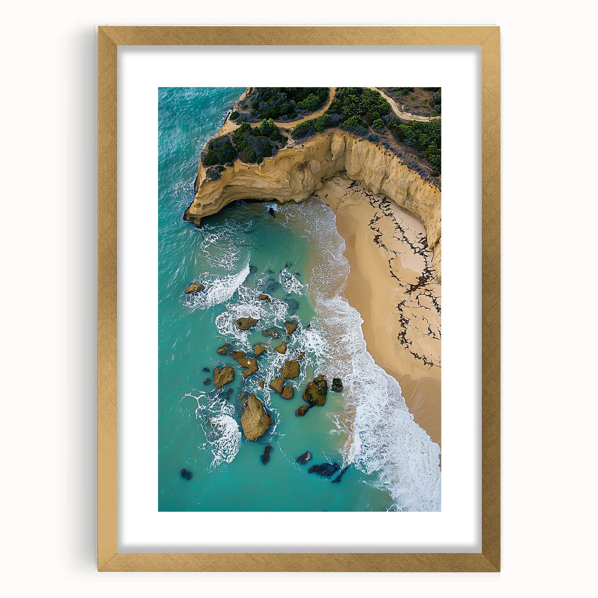 Framed landscape artwork showcasing dramatic cliffs with a gold mat, perfect for enhancing home decor in modern or rustic settings. Ideal for art enthusiasts.