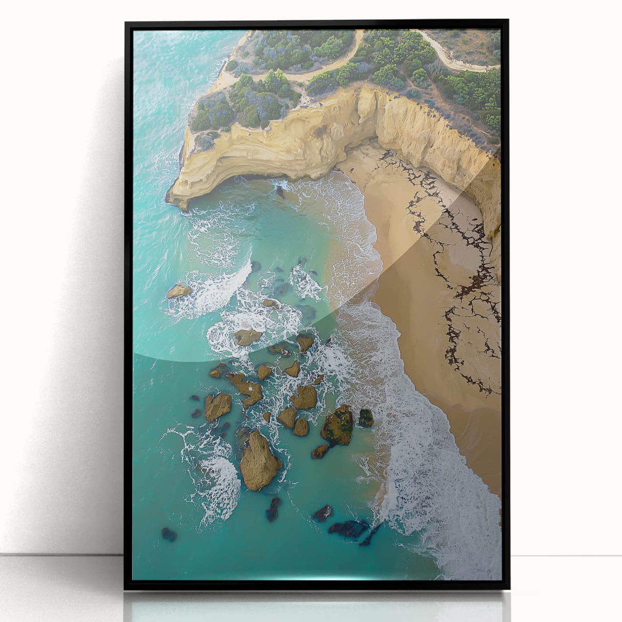 Framed acrylic artwork depicting dramatic cliffs and landscapes, showcasing vibrant colors and intricate details, perfect for modern home decor.