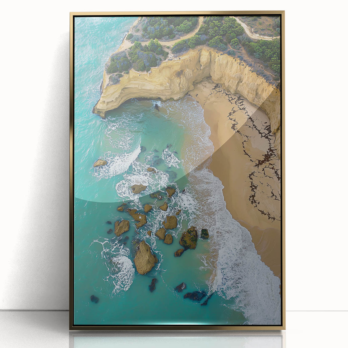 Framed acrylic artwork depicting a stunning cliff landscape with golden accents, showcasing dramatic rock formations and vibrant colors, ideal for modern home decor.