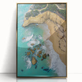 Framed acrylic artwork depicting a stunning cliff landscape with golden accents, showcasing dramatic rock formations and vibrant colors, ideal for modern home decor.