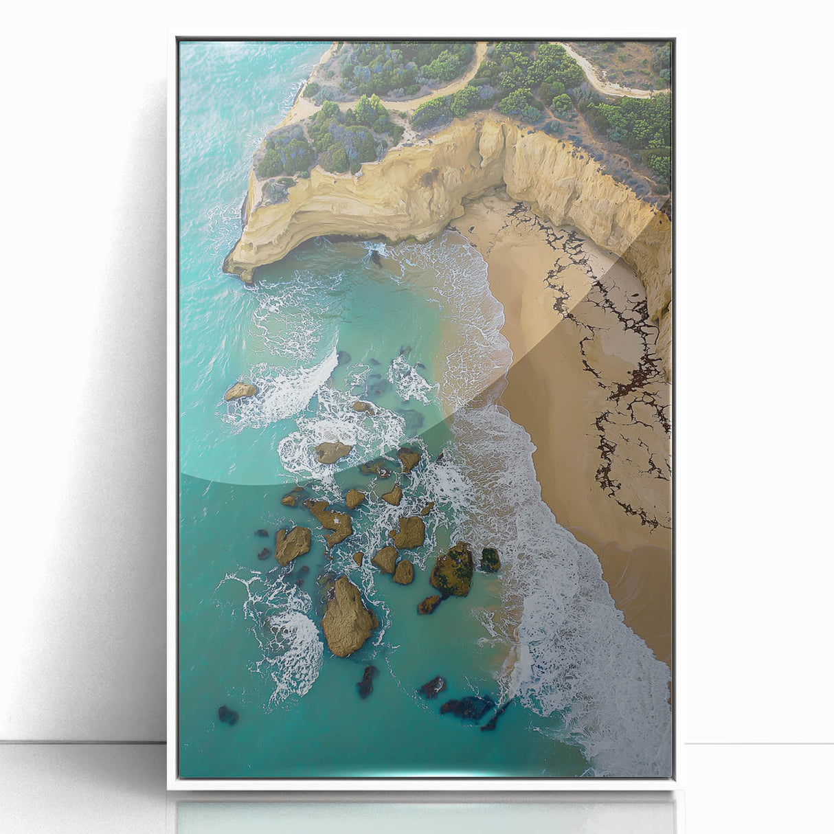 Framed acrylic artwork depicting a stunning cliff landscape, showcasing vibrant colors and intricate details, presented in a sleek white frame for modern decor.