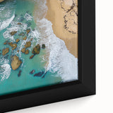 Close-up of a framed canvas print showcasing vibrant landscapes with dramatic cliffs and rich textures, perfect for enhancing modern home decor.