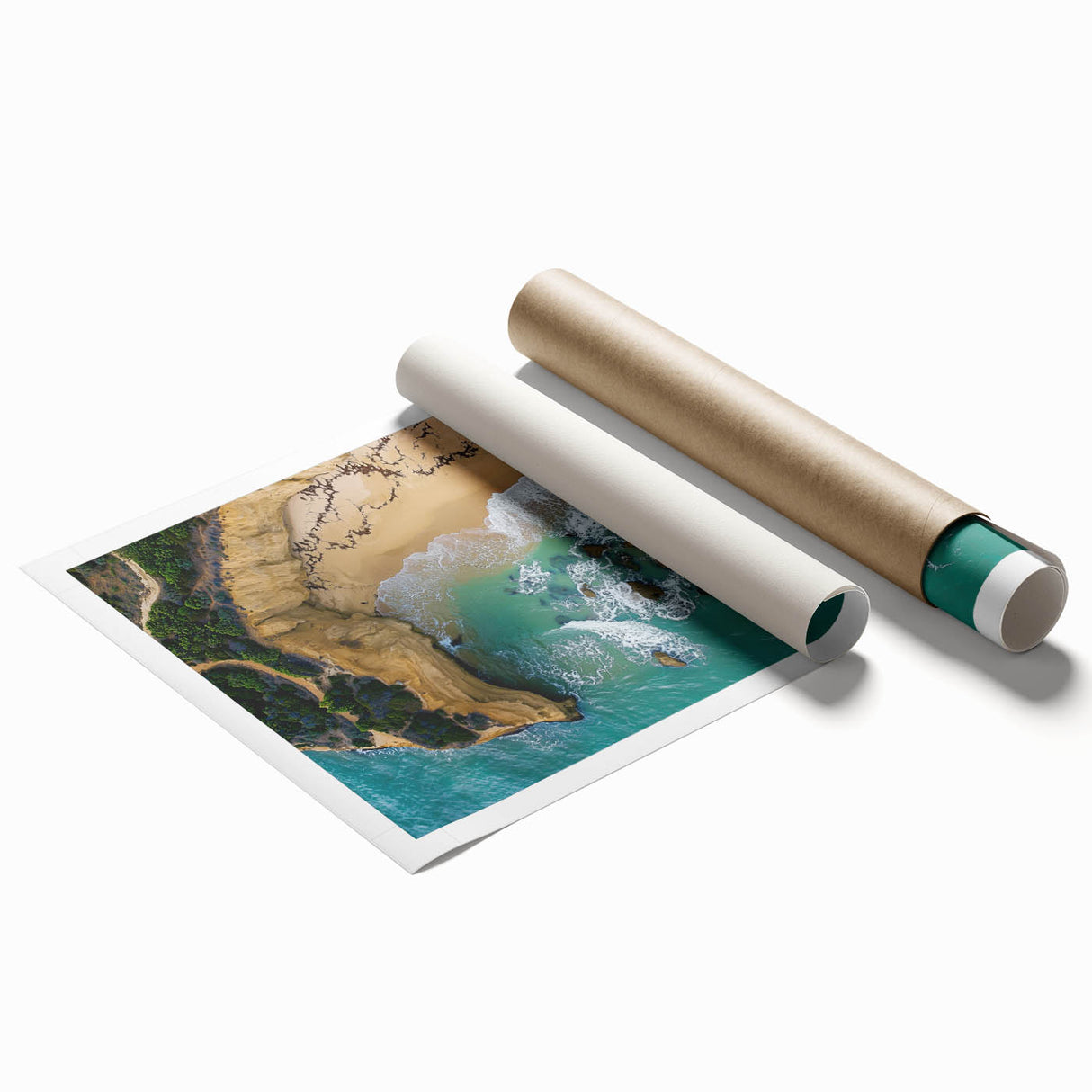 Serene landscape print showcasing majestic cliffs under a blue sky, rolled and packaged in a protective tube, ideal for home décor and art enthusiasts.