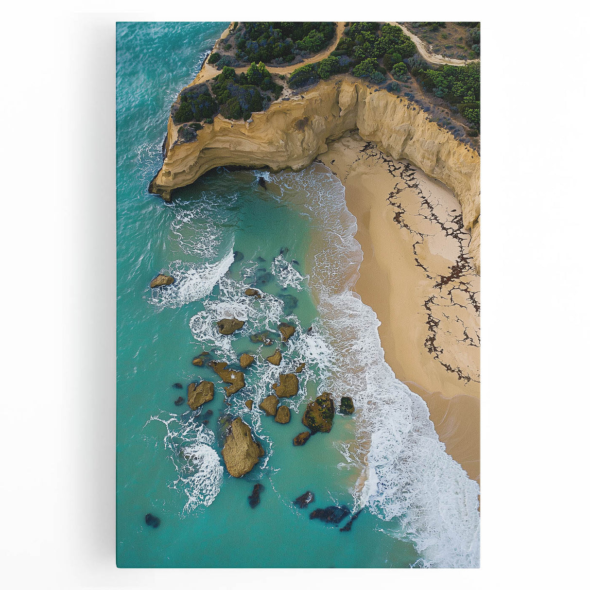 Stretched canvas artwork depicting a breathtaking landscape of cliffs against a vibrant sky, showcasing natural beauty and dramatic scenery, perfect for home decor.