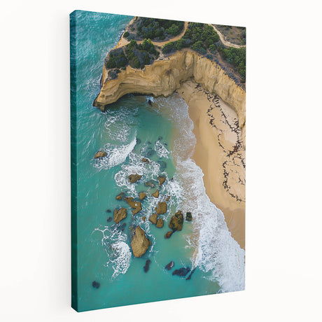 Stretched canvas artwork depicting a serene landscape of cliffs against a vibrant sunset, showcasing rich colors and textures, perfect for home décor.