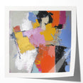 Abstract figurative art print showcasing vibrant colors and dynamic shapes, displayed in a glossy mockup setting, perfect for modern home decor. Ideal for art enthusiasts seeking unique wall accents.